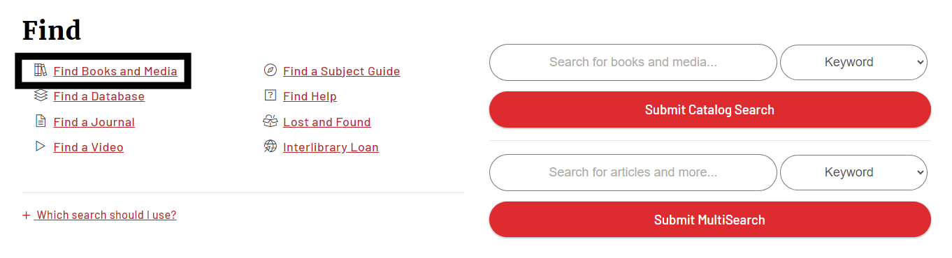 Screenshot of the Find section of the library homepage with the Find Books and Media link highlighted.