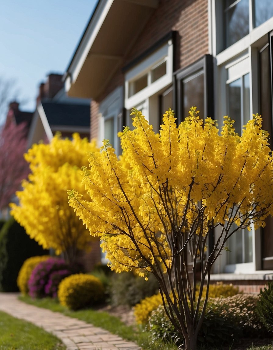 Yellow Forsythia bushes in full bloom stand in front of a charming house, adding a vibrant pop of color to the landscape