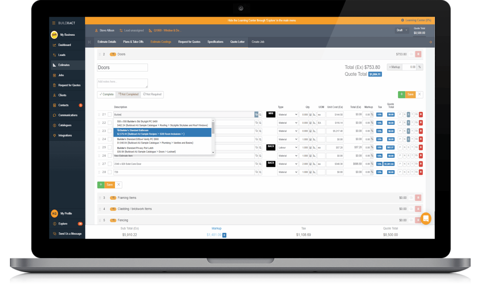 Construction estimation using Buildxact