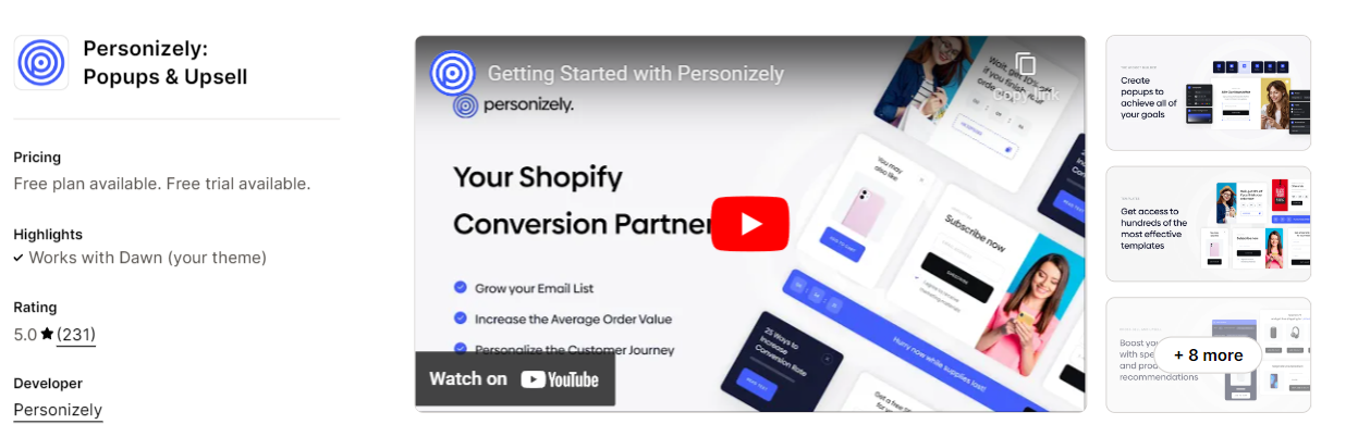 Personizely homepage affirming it as a Shopify exit intent popup app.