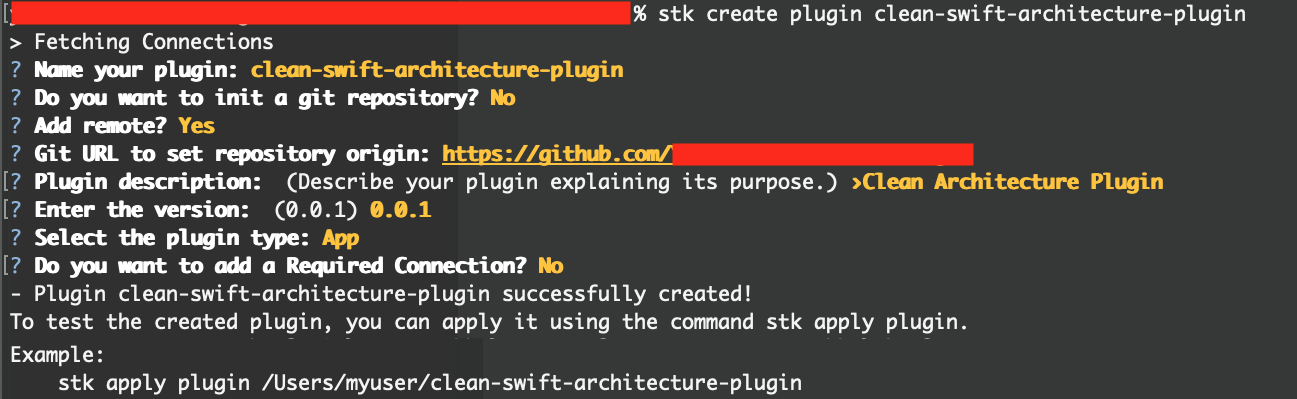 Terminal showing the inputs requested by the StackSpot CLI when creating a new plugin