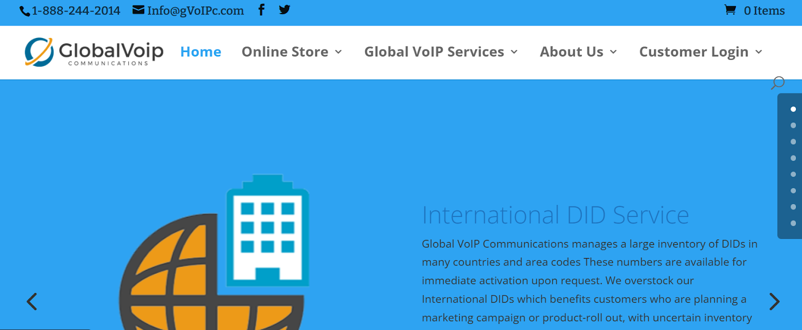 Global Call Forwarding website snapshot highlighting the services it offers.