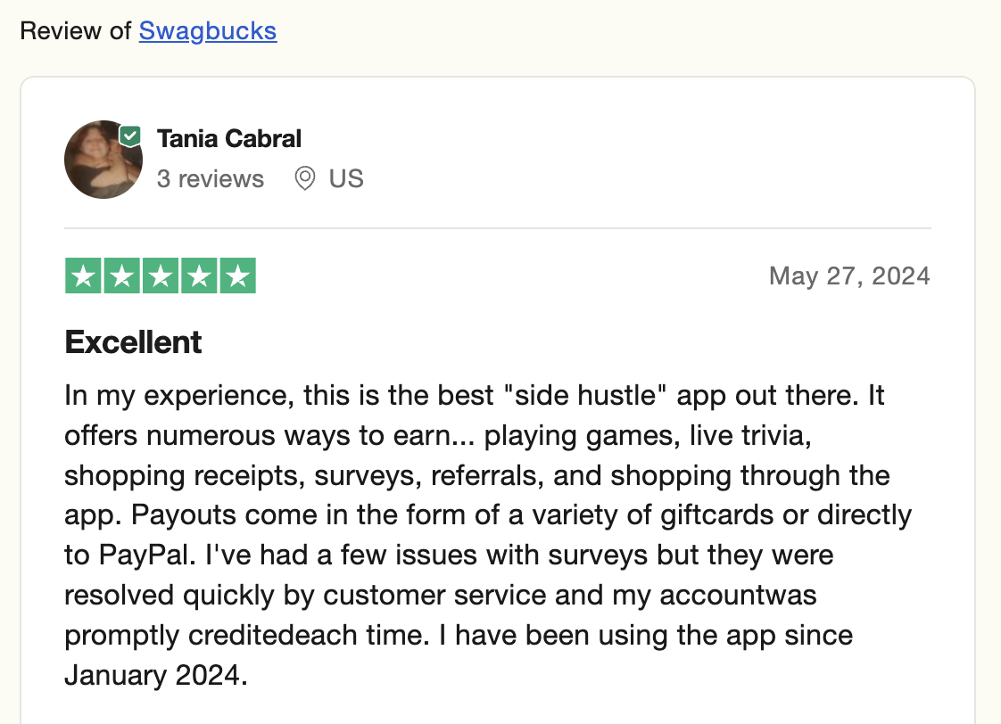 A 5-star Trustpilot review from a Swagbucks user who loves the variety of ways they can earn rewards, which include free Subway gift cards. 