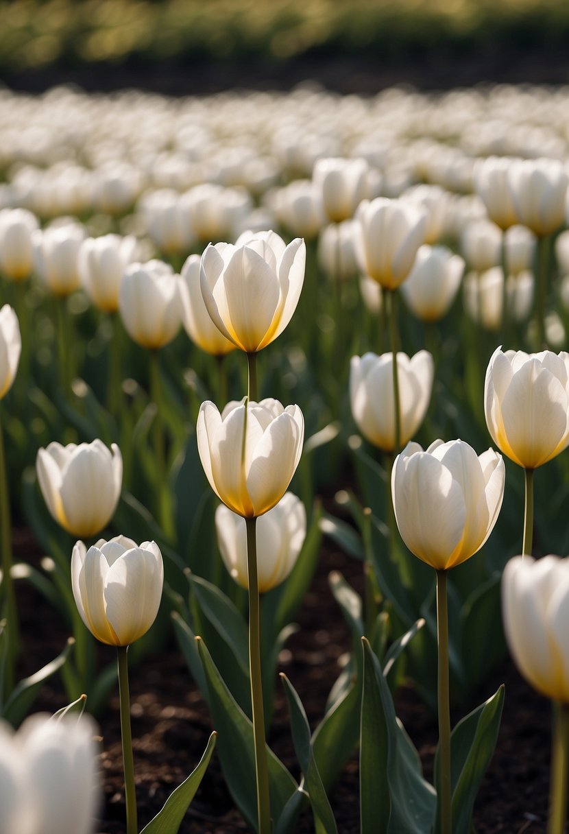 A field of 31 white tulip flowers in full bloom