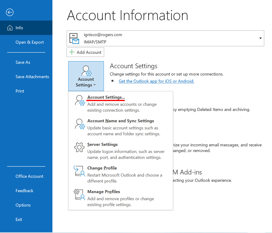 Instructions for accessing Account Settings in Outlook.