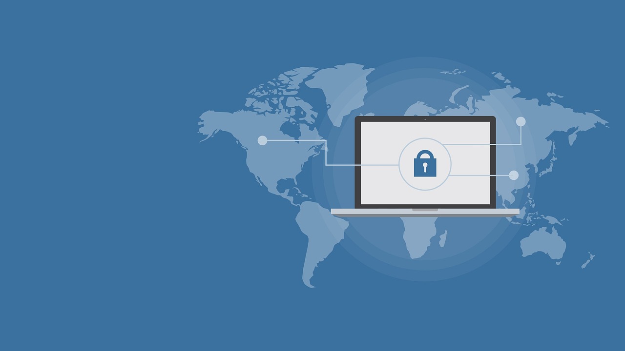 A digital image of a laptop screen with a padlock icon displayed against a world map background.