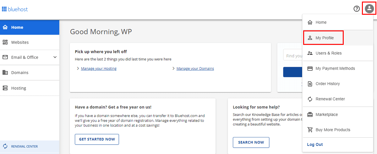 Go To My Profile Option from Bluehost Account Area