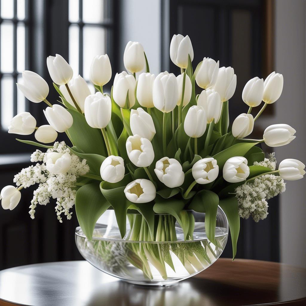 A vase of white tulips  Description automatically generated