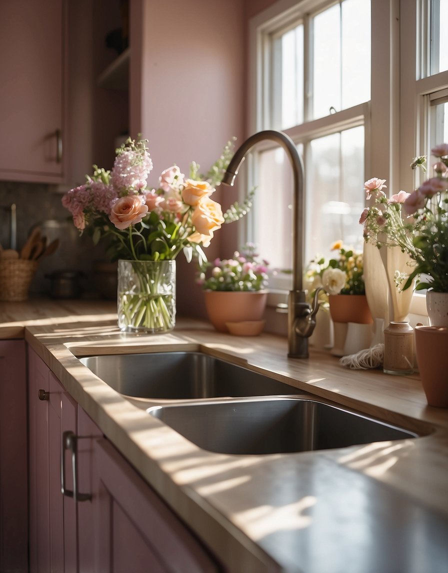 A kitchen with dusty rose cabinets, sunlight streaming in, and a vase of fresh flowers on the counter