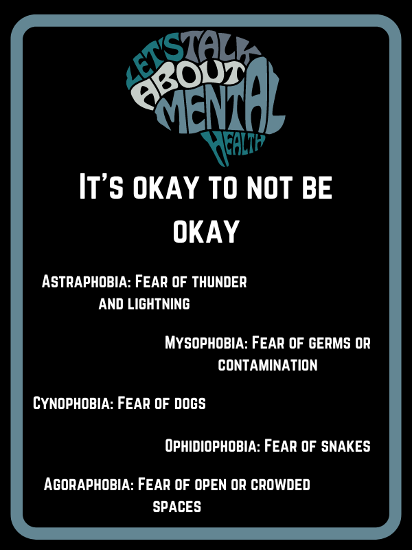 Infographic listing common phobias: astraphobia, mysophobia, cynophobia, ophidiophobia, agoraphobia.