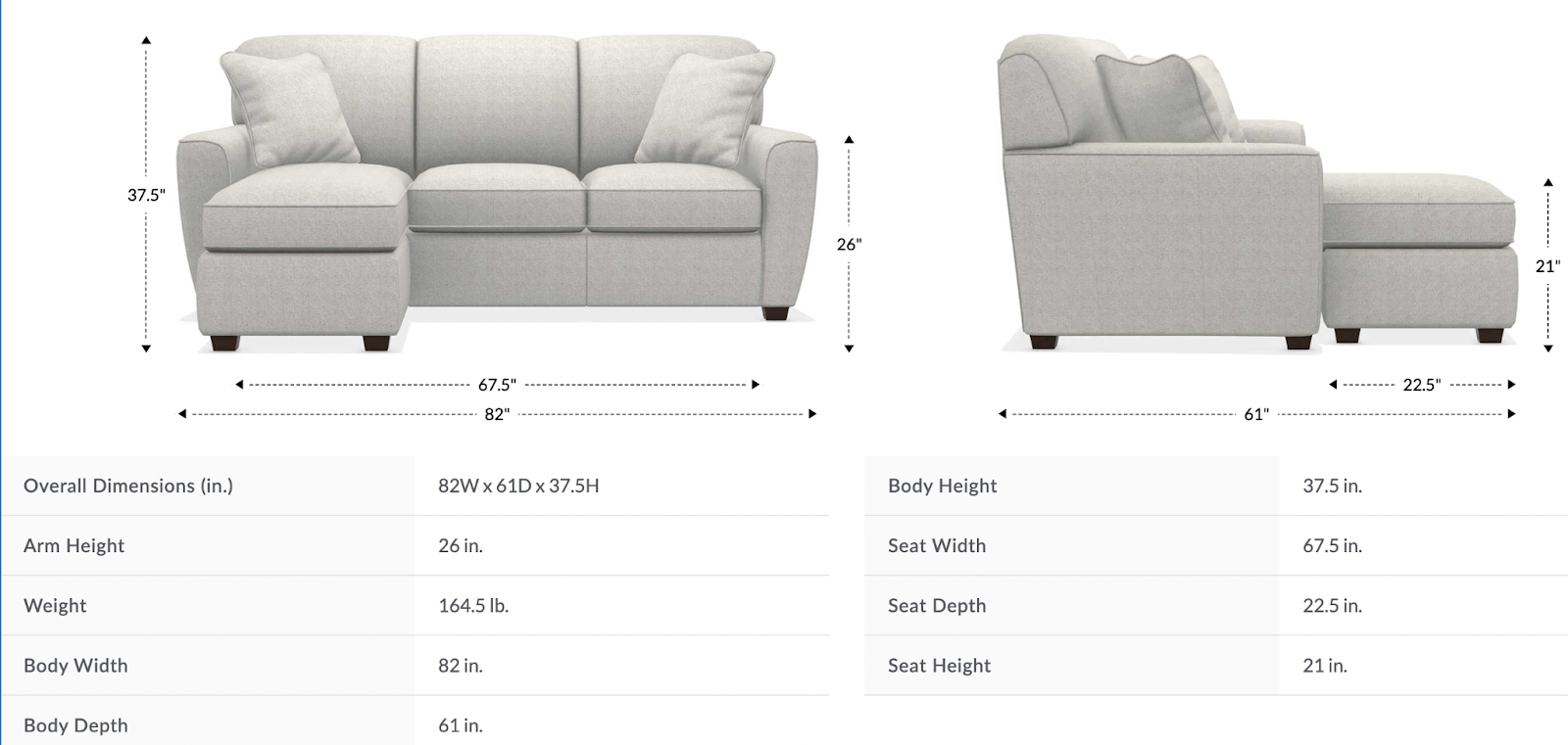 piper sofa w/ chaise dimensions