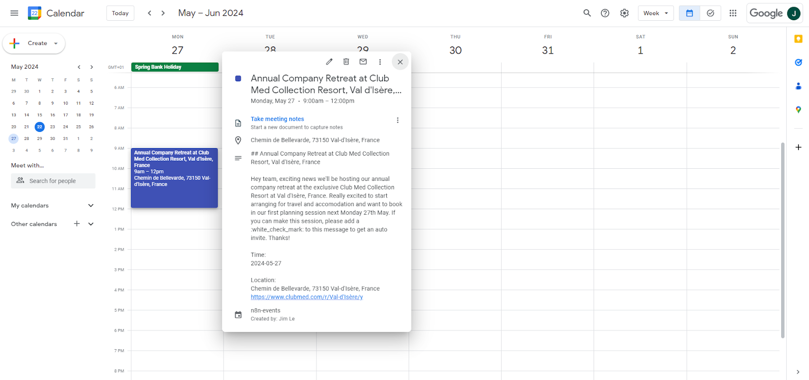 Organise an event using Slack, Google Calendar and AI