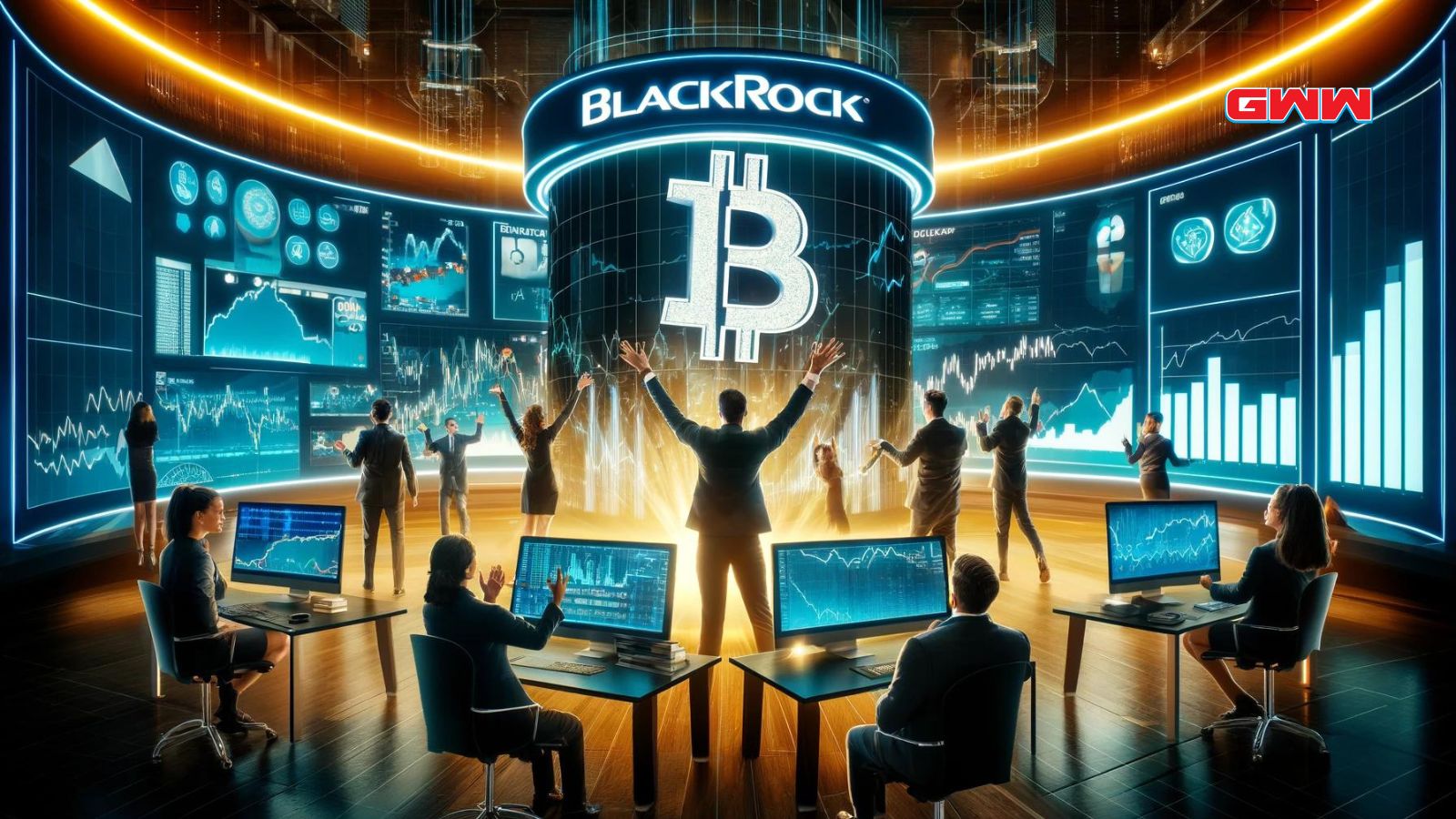 A financial scene showcasing BlackRock's ETF becoming the largest Bitcoin fund in the world