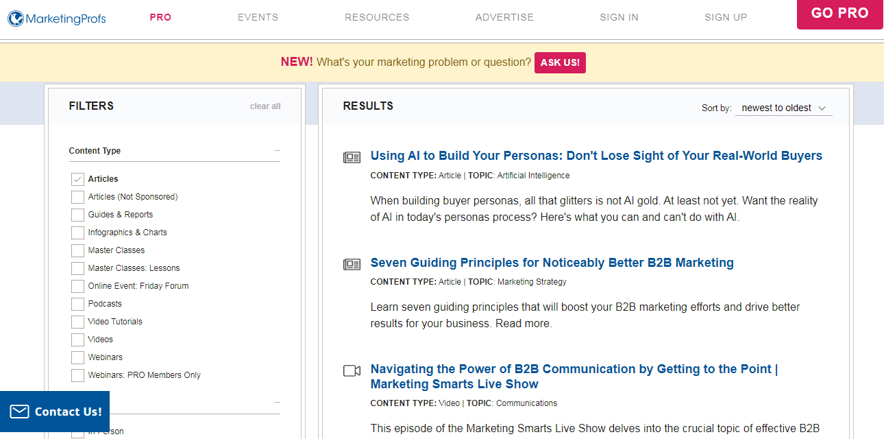 Homepage of MarketingProfs - Marketing blog example