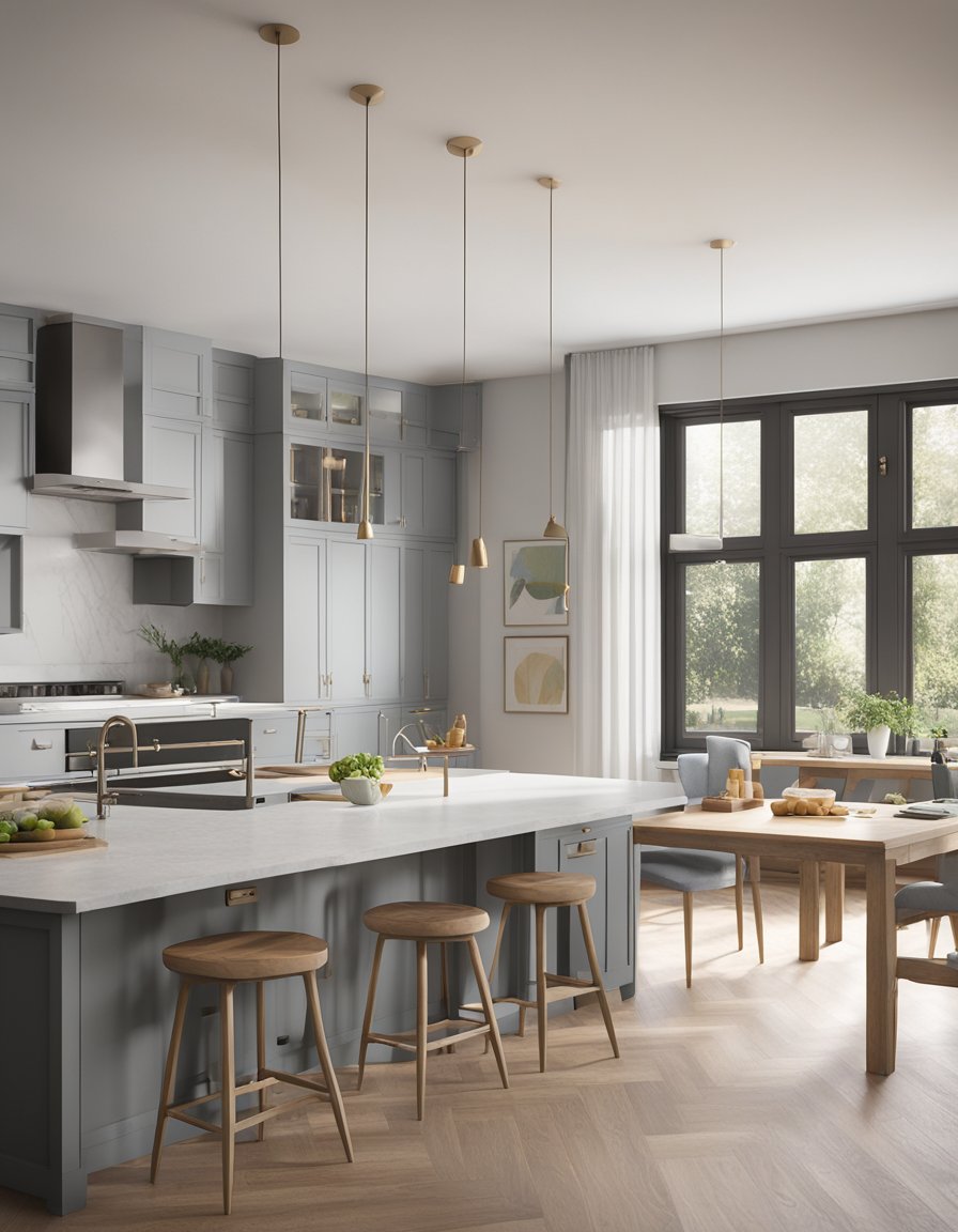 A spacious kitchen with light gray cabinets and an open concept design