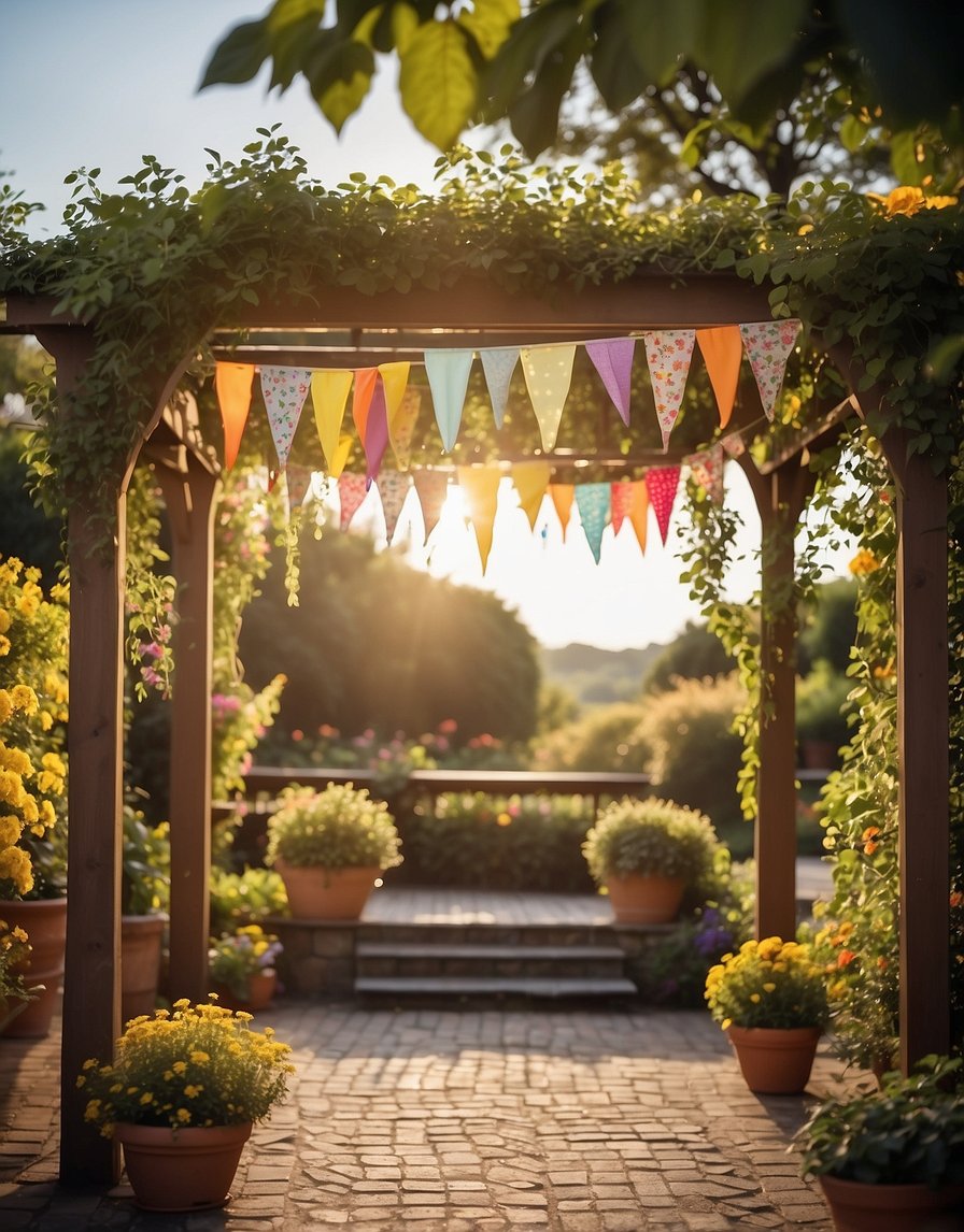 A garden pergola adorned with colorful bunting, surrounded by lush greenery and vibrant flowers. Sunshine filters through the foliage, casting a warm and inviting glow over the scene