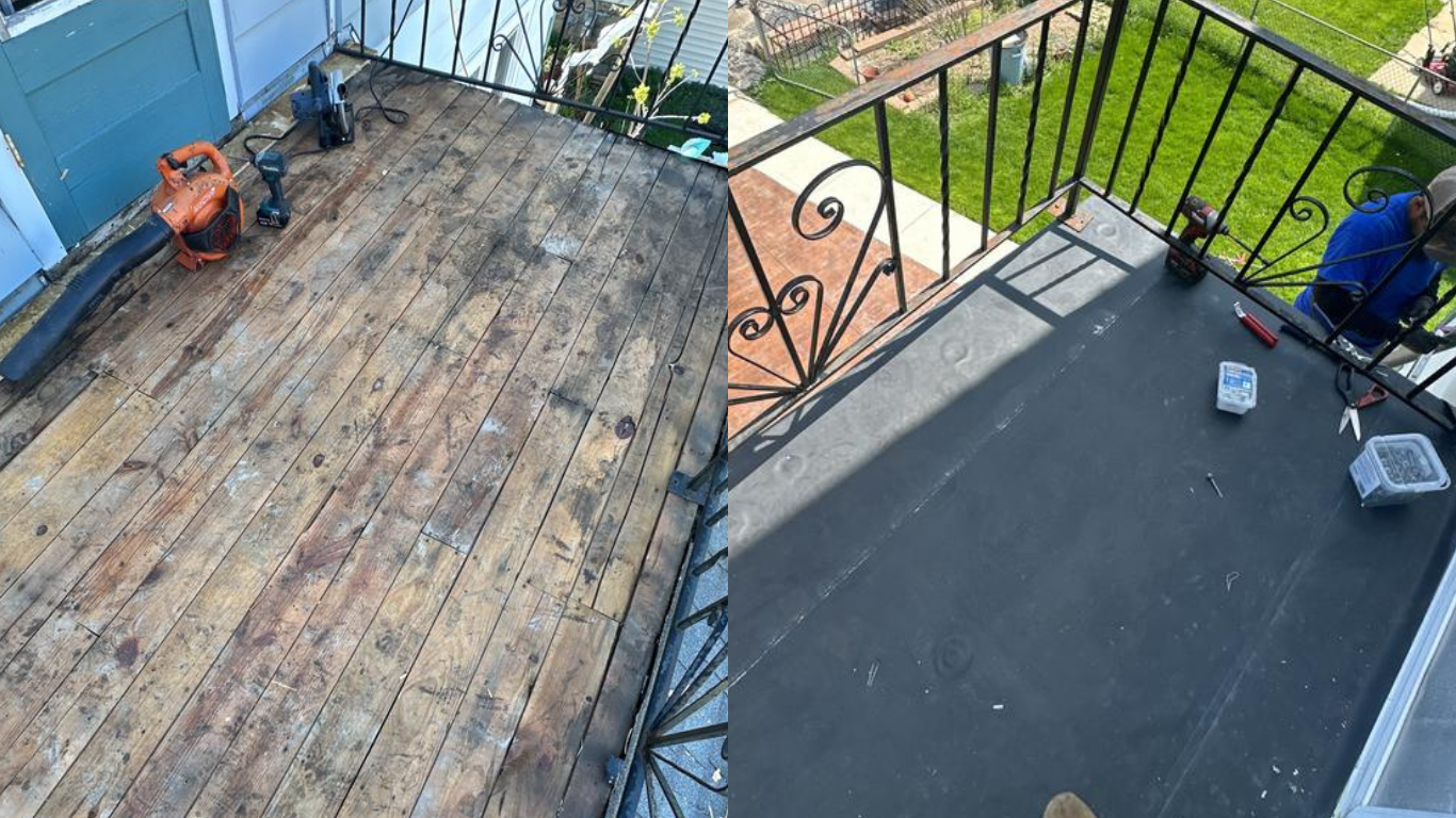 The before and after EPDM installation on a porch