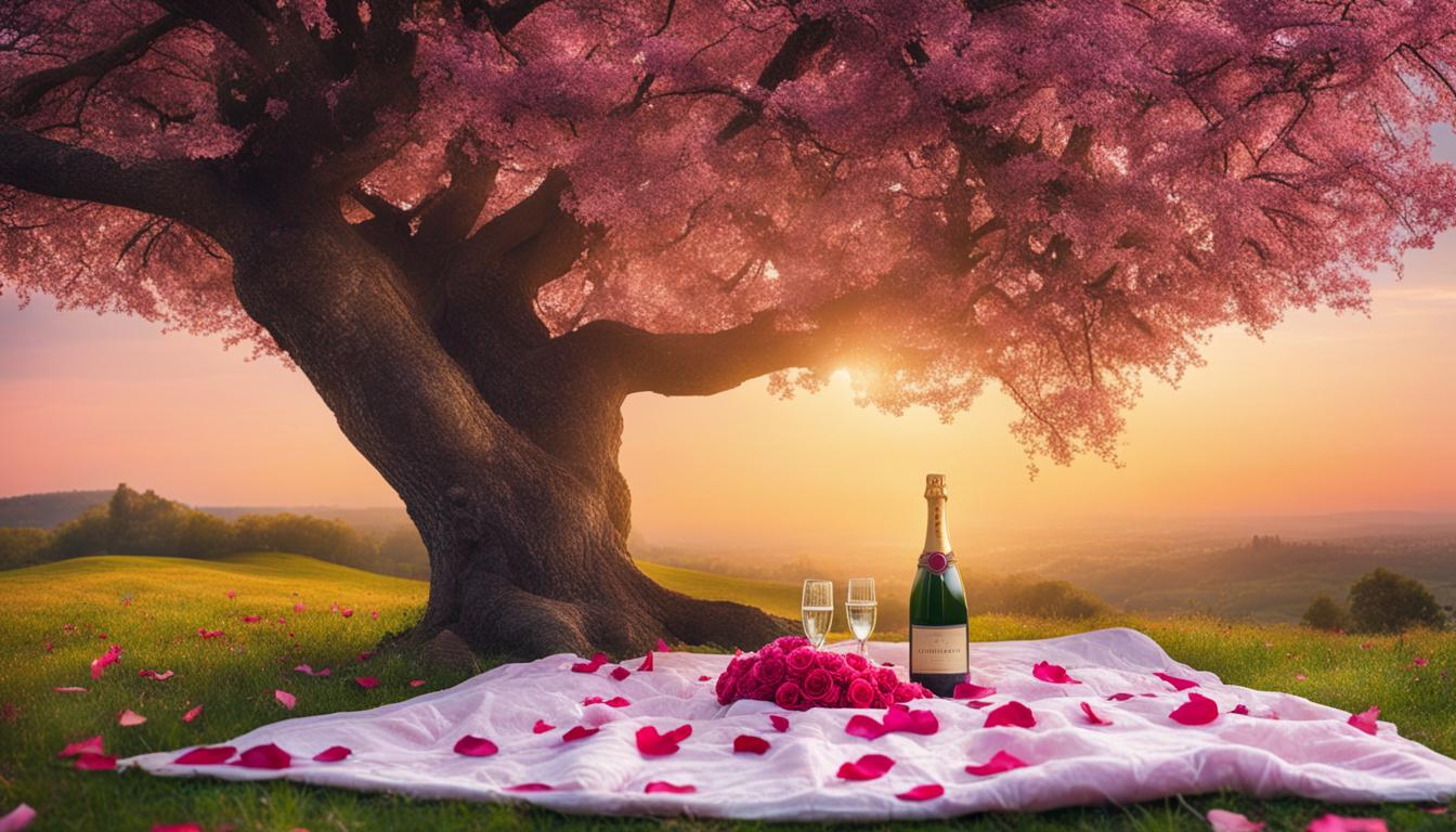 A beautiful meadow with rolling hills in the distance. In the center of the meadow, there is a tree with branches stretching out towards the sky. The tree is filled with pink flowers, symbolizing love and romance. At the base of the tree, there is a picnic blanket with a bottle of champagne and two glasses. Surrounding the blanket are scattered rose petals. In the distance, you can see a figure walking towards the tree, representing your desired partner. The sun is shining brightly in the sky, radiating warmth and positivity.