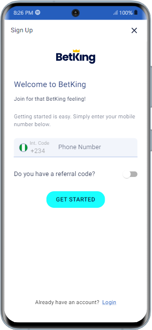 BetKing sign up page