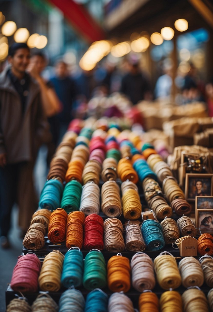 A colorful display of handmade crafts with price tags, surrounded by happy customers, in a bustling market setting