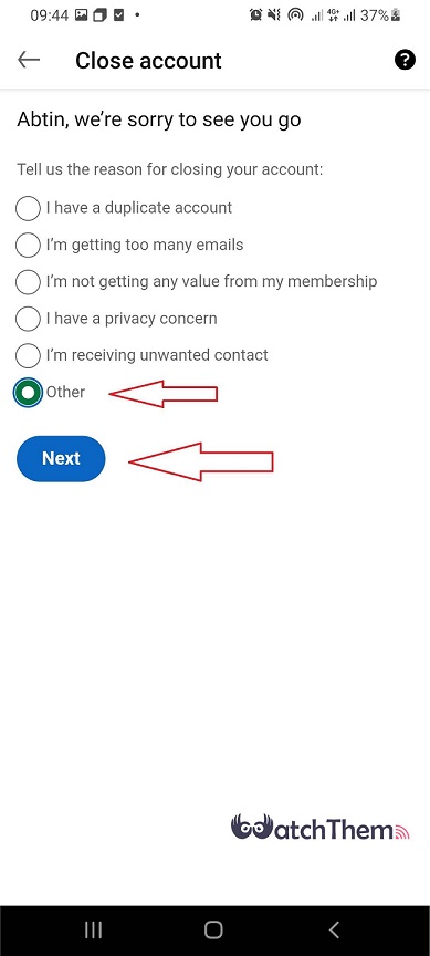 Deleting LinkedIn Account From Mobile: Choose a Reason and Click Next