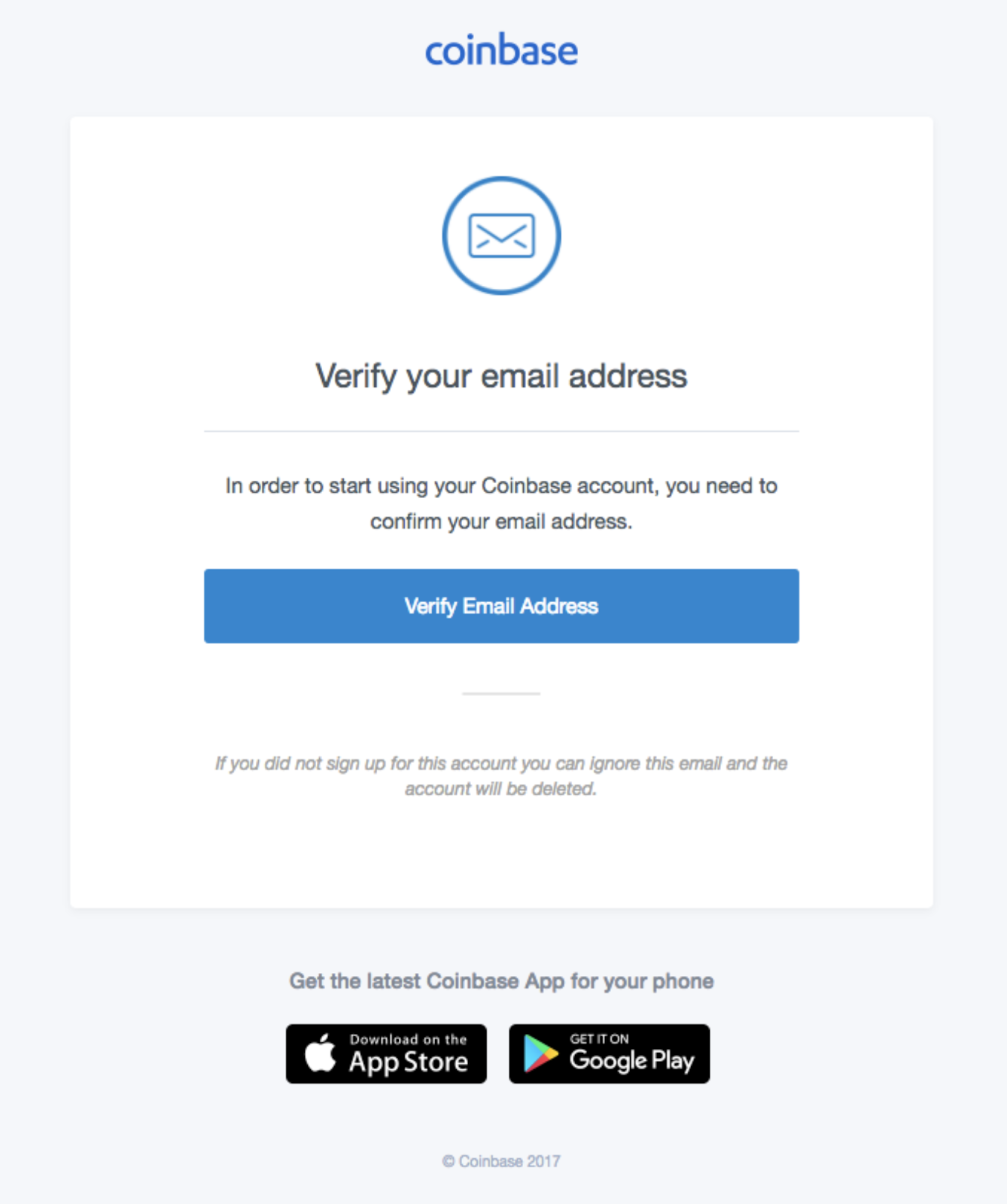 Example of a Coinbase email address verification email 