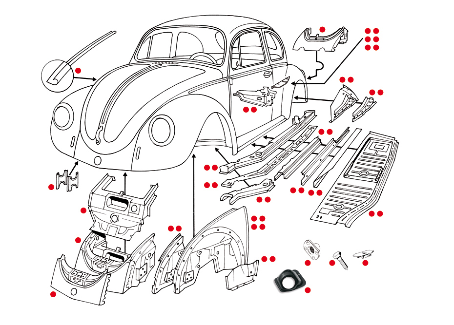 Käfer-Karosserie mit versch. Autoteilen