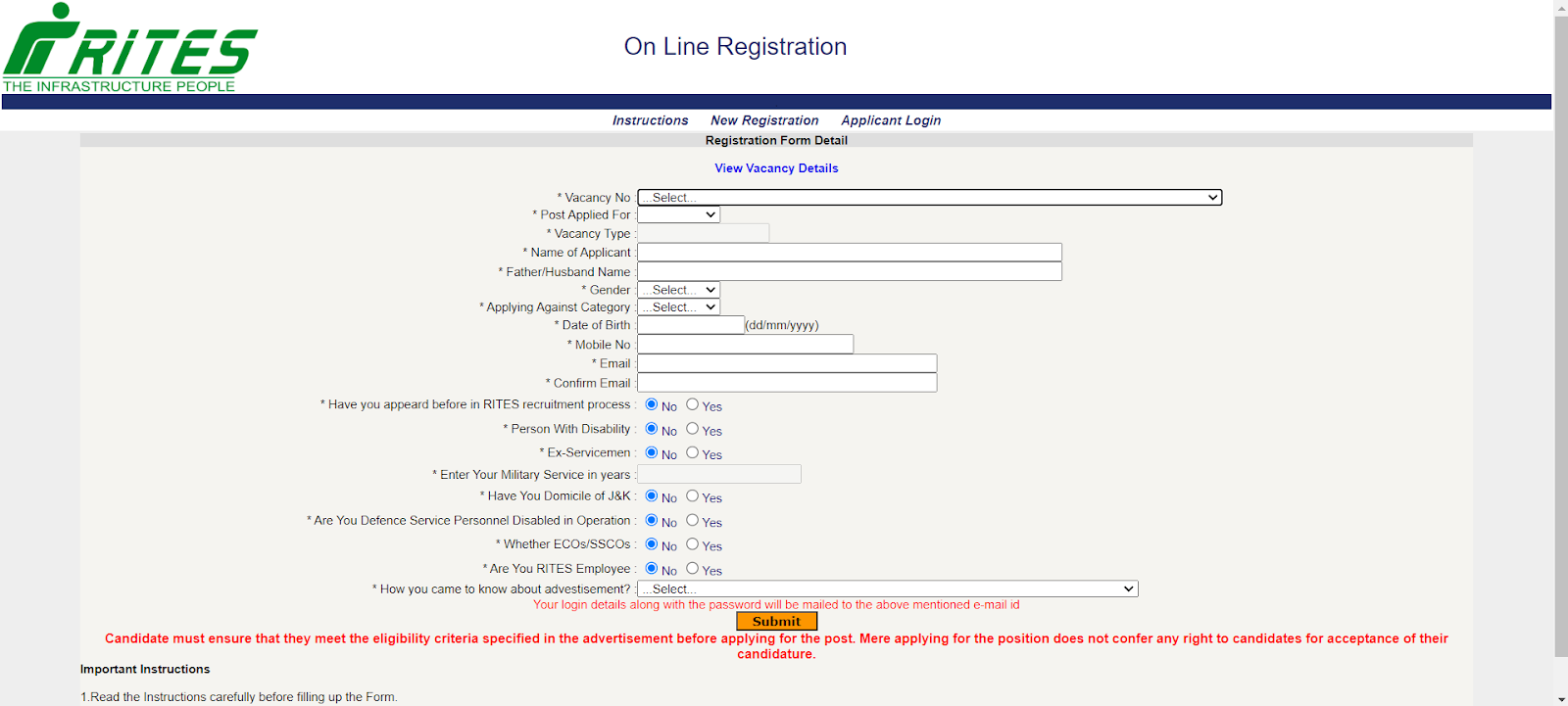 RITES Limited Assistant Manager (S&T) online registration