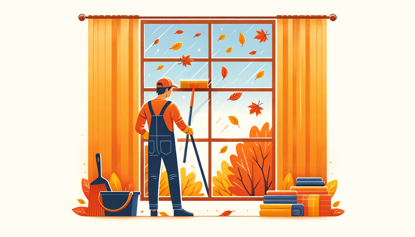 Illustration of window cleaning in fall. The image shows a person cleaning windows with falling leaves and mild weather in the background. The color scheme includes warm autumnal hues to represent the fall season.