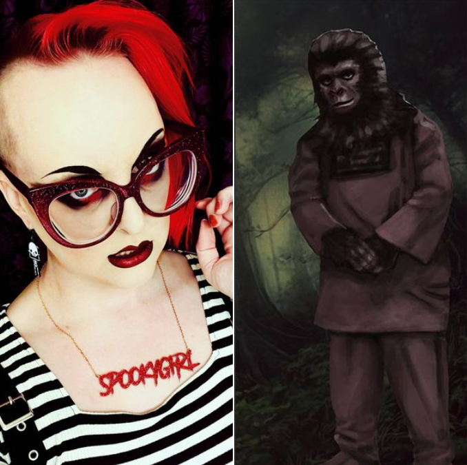 A person with red hair and a gorilla

Description automatically generated