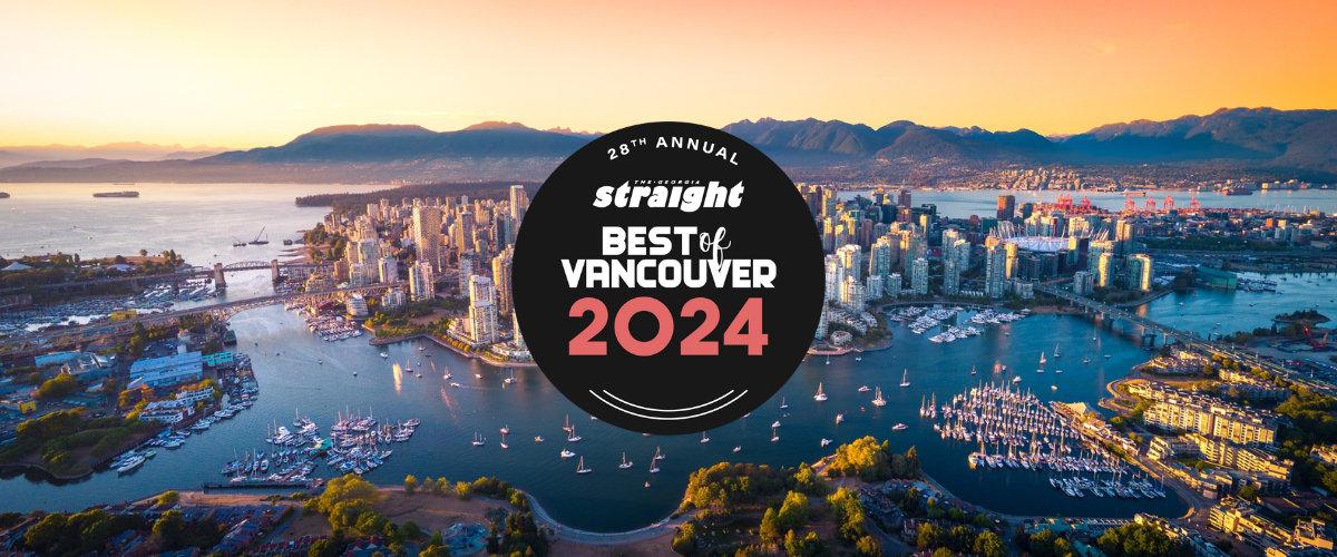 A Best of Vancouver 2024 graphic, with the logo in front of a suset photo of Vancouver