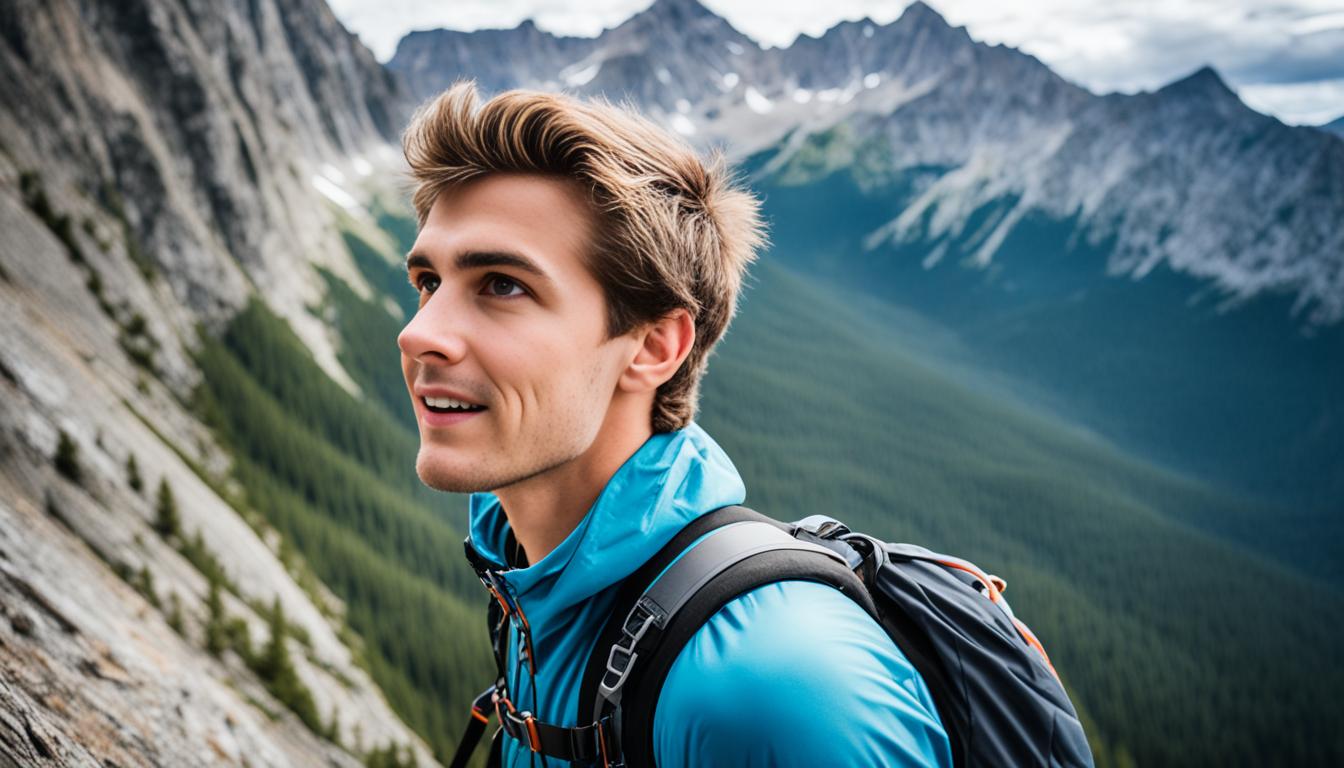 A young person standing at the base of a tall, rocky mountain. They are looking up at the summit with determination and courage. The mountain represents their limiting beliefs, and they are ready to conquer it. As they begin to climb, they shed layers of doubt, fear, and self-doubt. Each step they take upwards is a step towards embracing their full potential and achieving success. The sun shines brightly in the sky behind them, illuminating their journey and giving them strength.