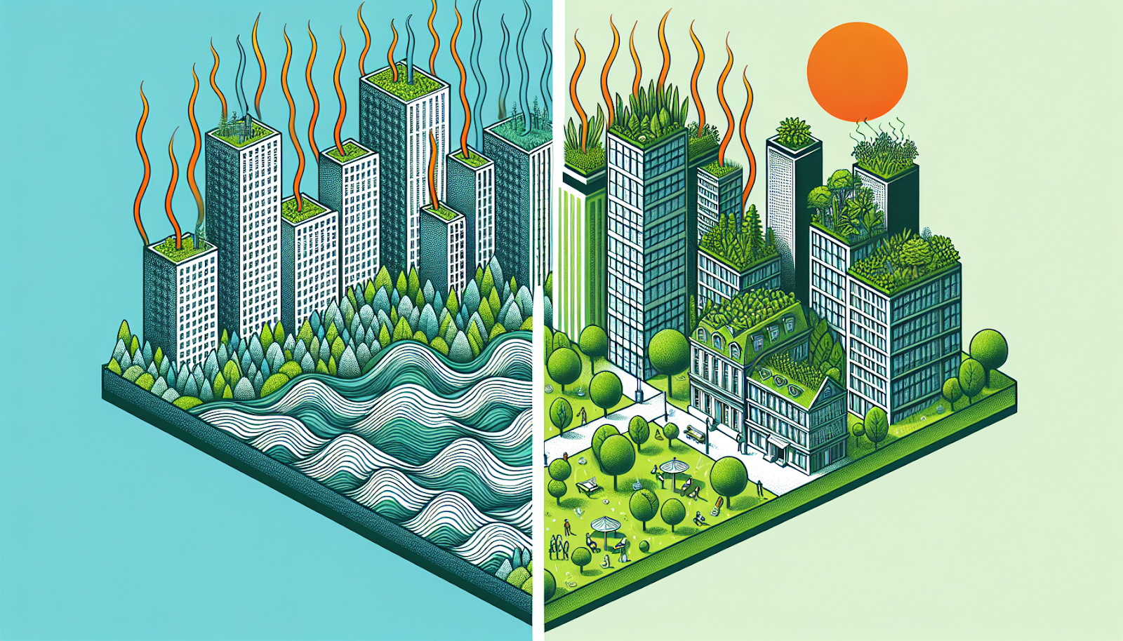 Illustration of urban heat island effect and green roof cooling
