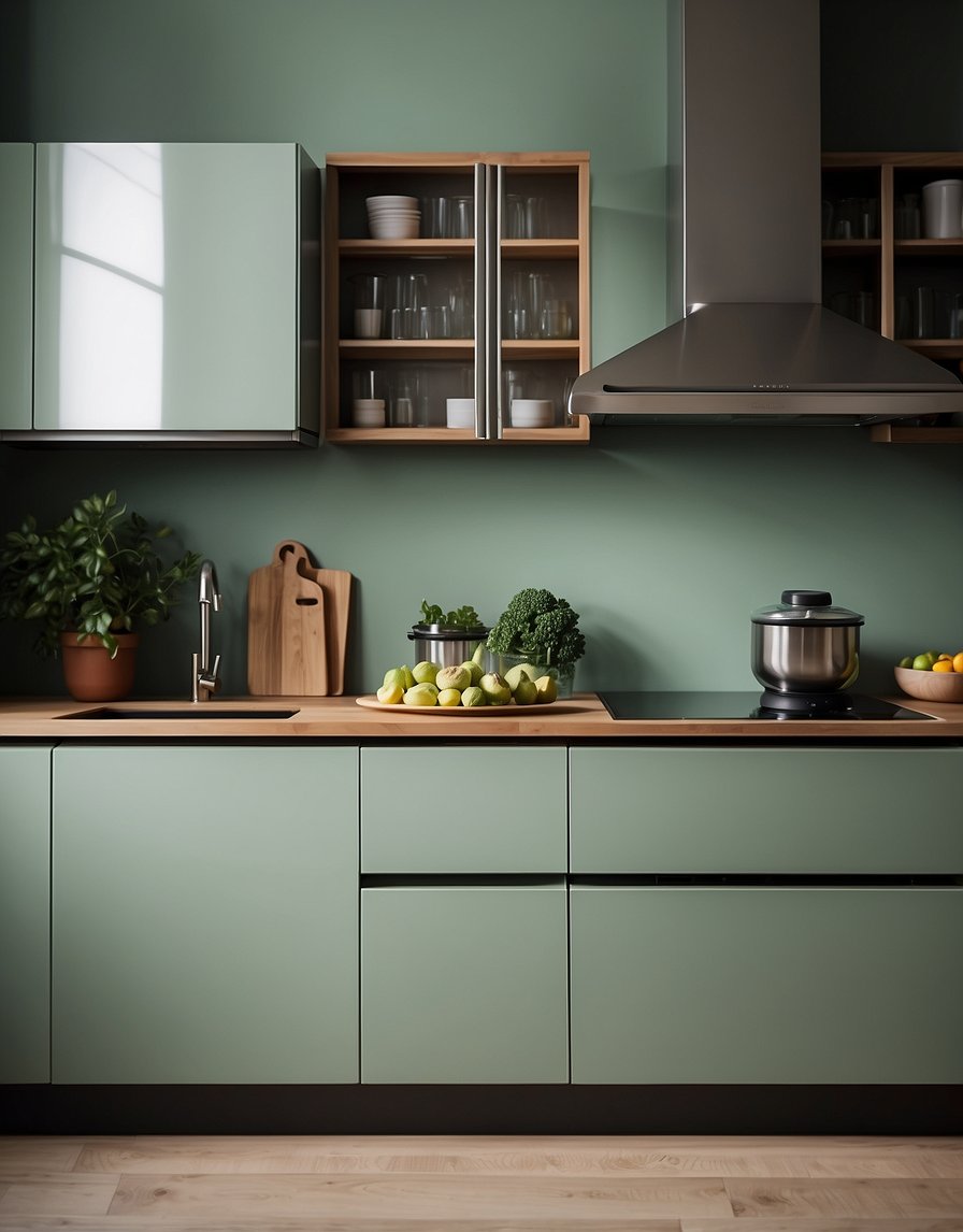 A modern kitchen with pistachio-colored cabinets, sleek hardware, and a clean, minimalist design