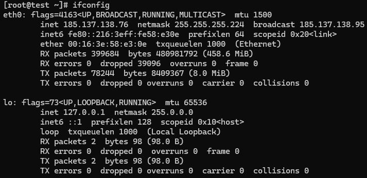 Use of ifconfig on CentOS.