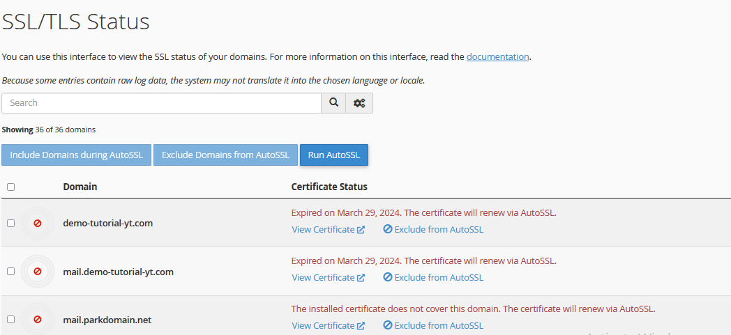 SSL/TSL status feature in cPanel