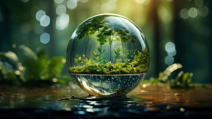 Lush green trees in a glass ball