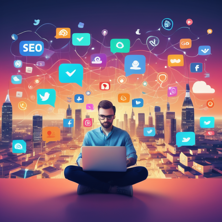 Person sitting amidst icons for social media, SEO, and email marketing, with an abstract cityscape background.