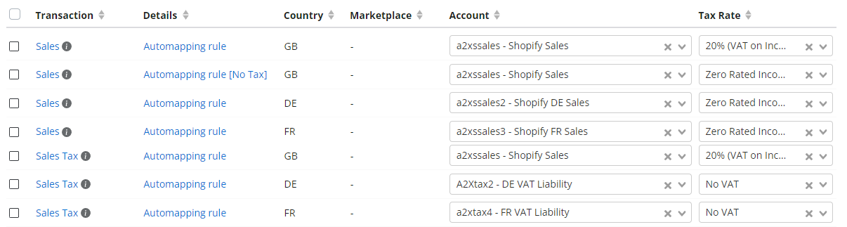 A screenshot of an example of how accounts should be mapped for a merchant with one UK VAT registration and a DE VAT registration in A2X.