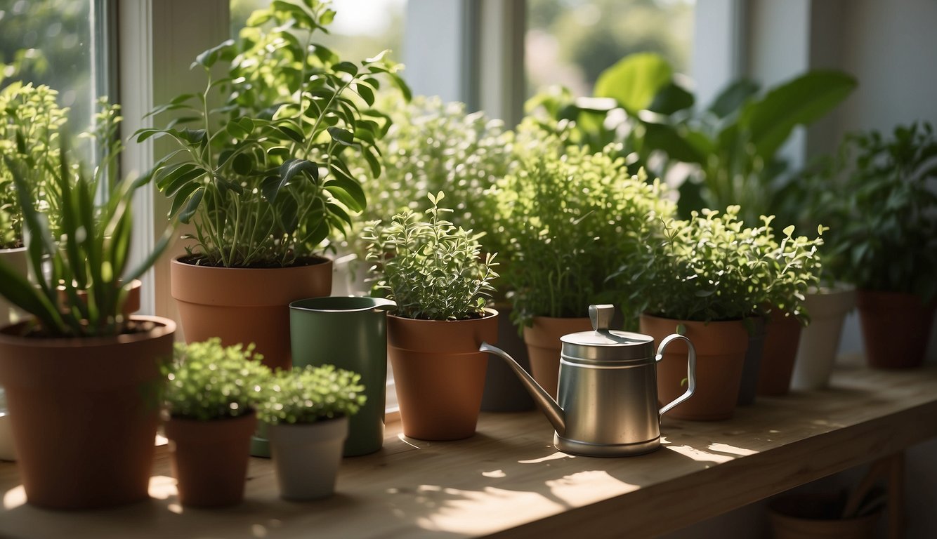 Lush green plants fill a sunlit room. Pots of various sizes line shelves and windowsills. A watering can sits nearby, and a small table holds gardening tools