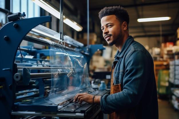 An AfricanAmerican man works at a polyethylene product manufacturing plant