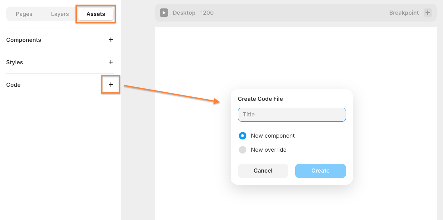 Overview of a Framer project with the Assets tab opened. A pop-up window titled ‘Create Code File’ is open at the center, with a field to give the code file a title, and the option to select either ‘New component’ or ‘New override’, and then finally the option to cancel or to create a code file.