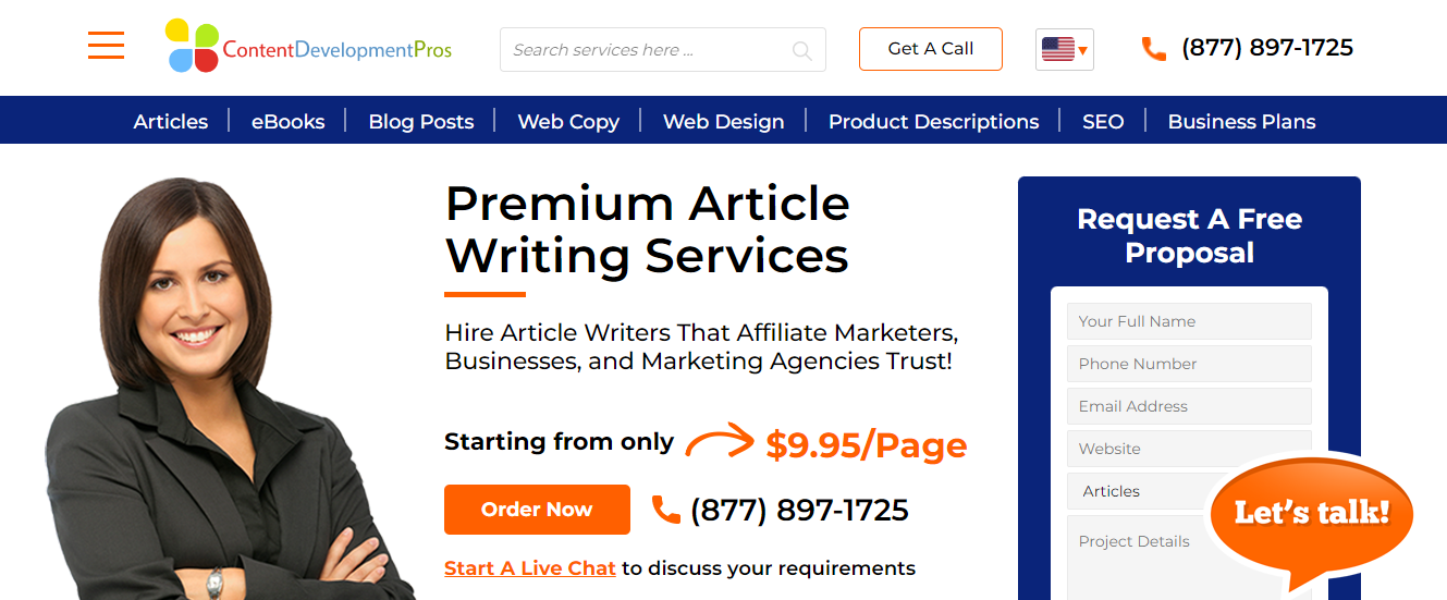 The Content Development Pros homepage to buy keyword articles