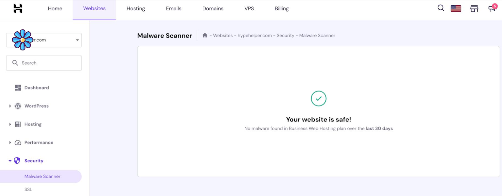 screenshot of hostinger malware scanner for wordpress maintenance