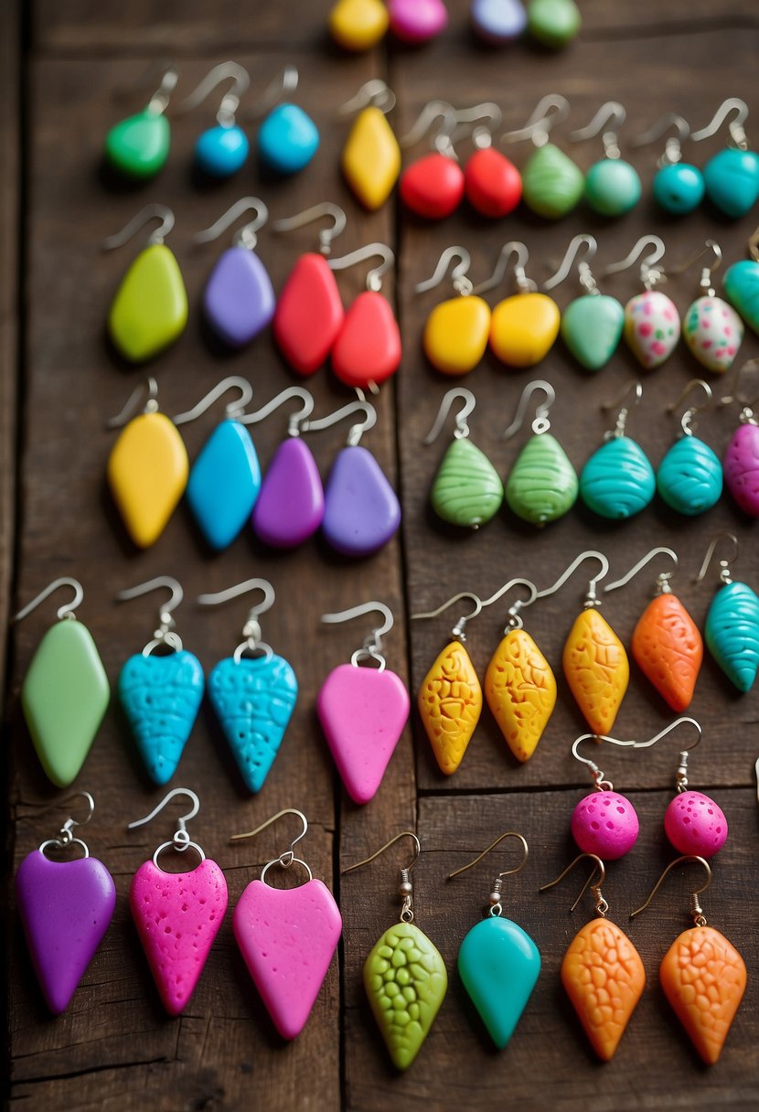 A colorful array of polymer clay earrings displayed on a rustic wooden table, with various shapes and designs. Light filters through a nearby window, casting soft shadows on the vibrant creations