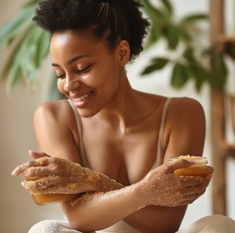 Smiling African American woman with closed eyes and natural hair wearing a tan tank top, gently rubbing her arms that are covered in an exfoliating sugar or salt body scrub, with green tropical plants visible in the background.