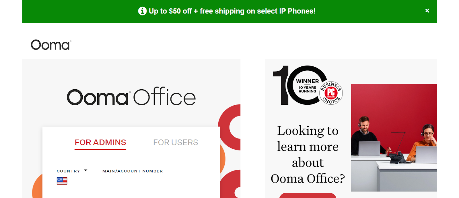 Ooma Office website snapshot highlighting the services it offers.