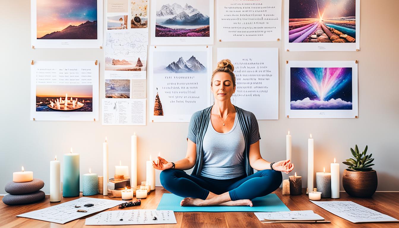 A person sitting comfortably on a yoga mat, surrounded by candles and incense. They have their eyes closed and are focusing on their breath. In the background, there is a vision board with images and words that represent their goals and desires. On the side there is a journal and a pen, ready for them to write down their thoughts and reflections. This image represents the importance of self-care in preparing oneself for re-attracting an ex.