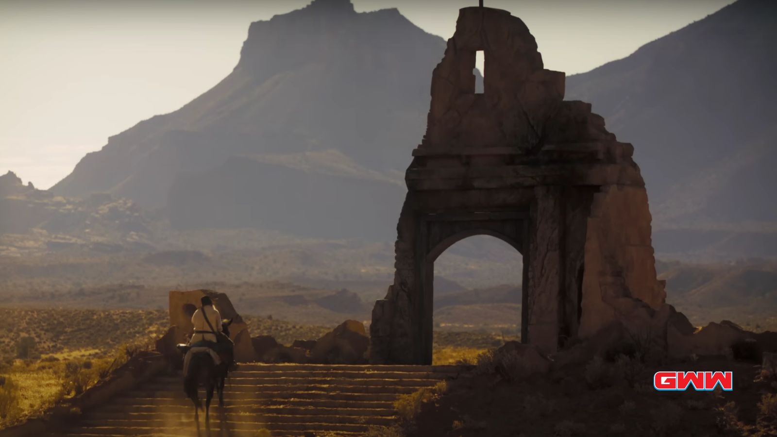 Man riding a horse towards a ruined old building, Horizon: An American Saga Trailer