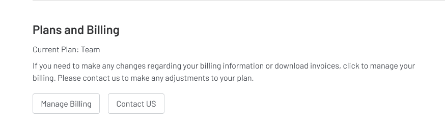 Screenshot of the bottom of the organization settings page where you can manage your plan and billing